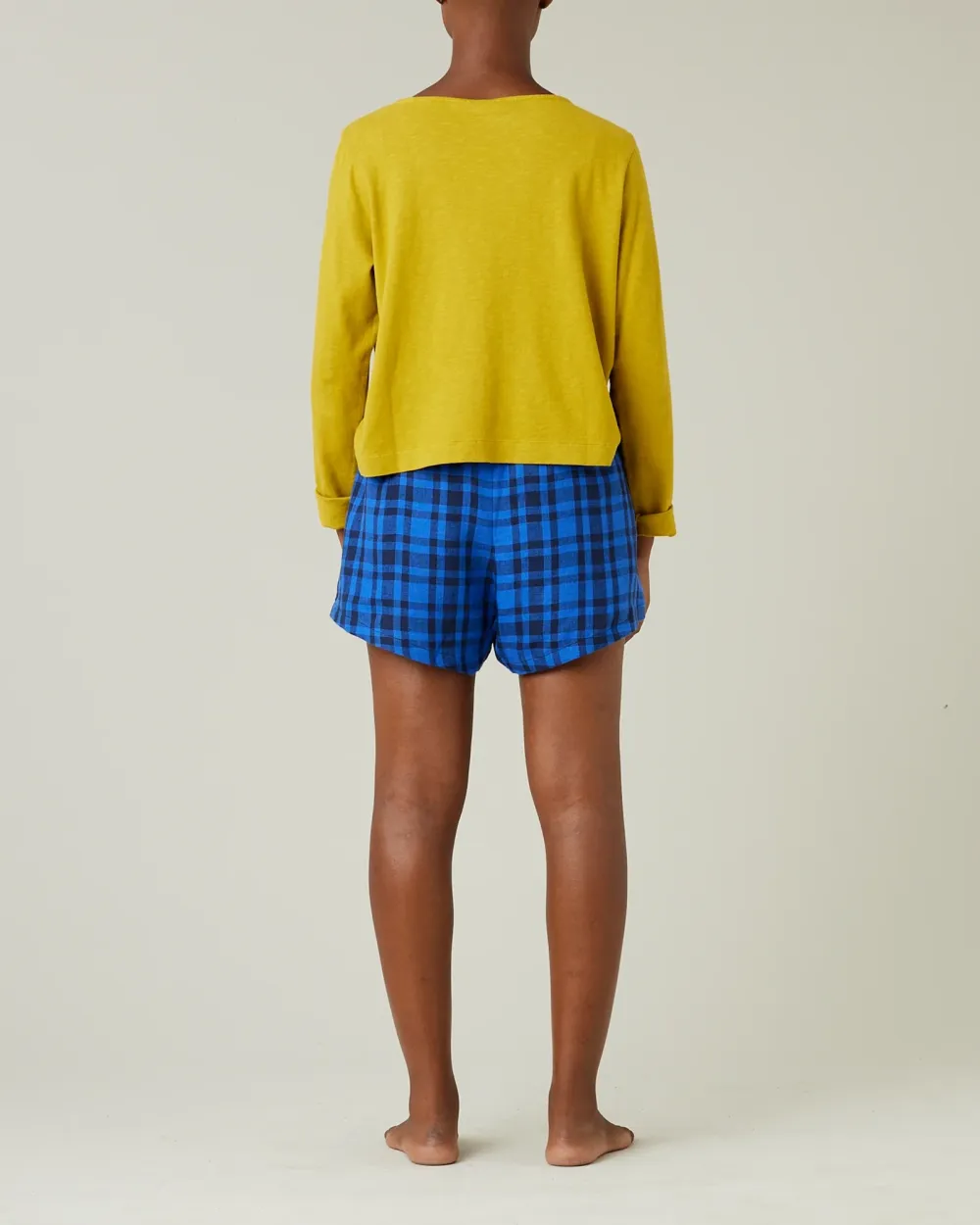 INDIGO CHECK LINEN SHORT