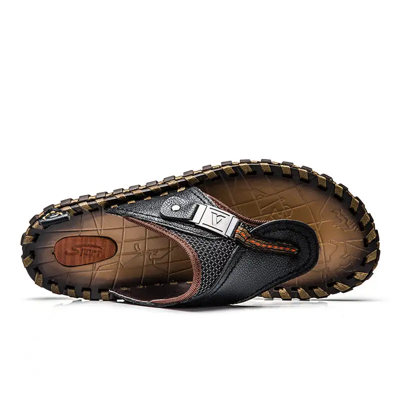 2024 Summer Plus Size Hand-made Genuine Leather Men Slippers Beach Sandals