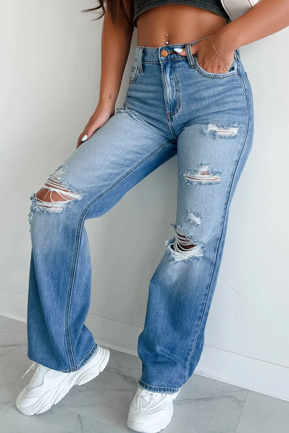 Raphael Mid-Rise Distressed Sneak Peek Straight Leg Jeans