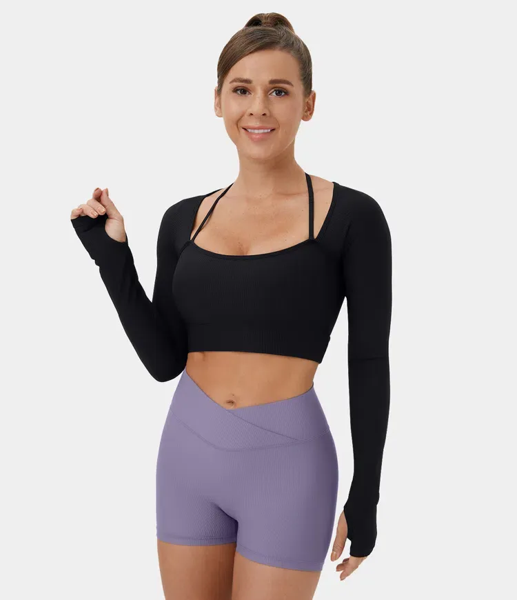 Ribbed Halter Strap Thumb Hole Cropped Yoga Sports Top