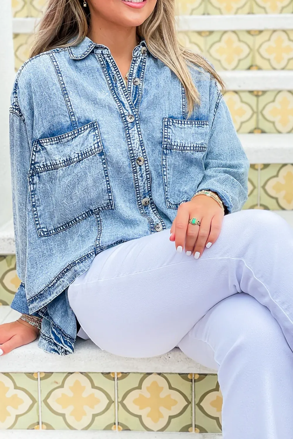 Distressed denim long sleeve top