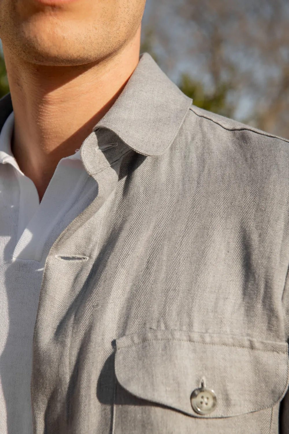 Sky Grey Herringbone Linen Safari Jacket