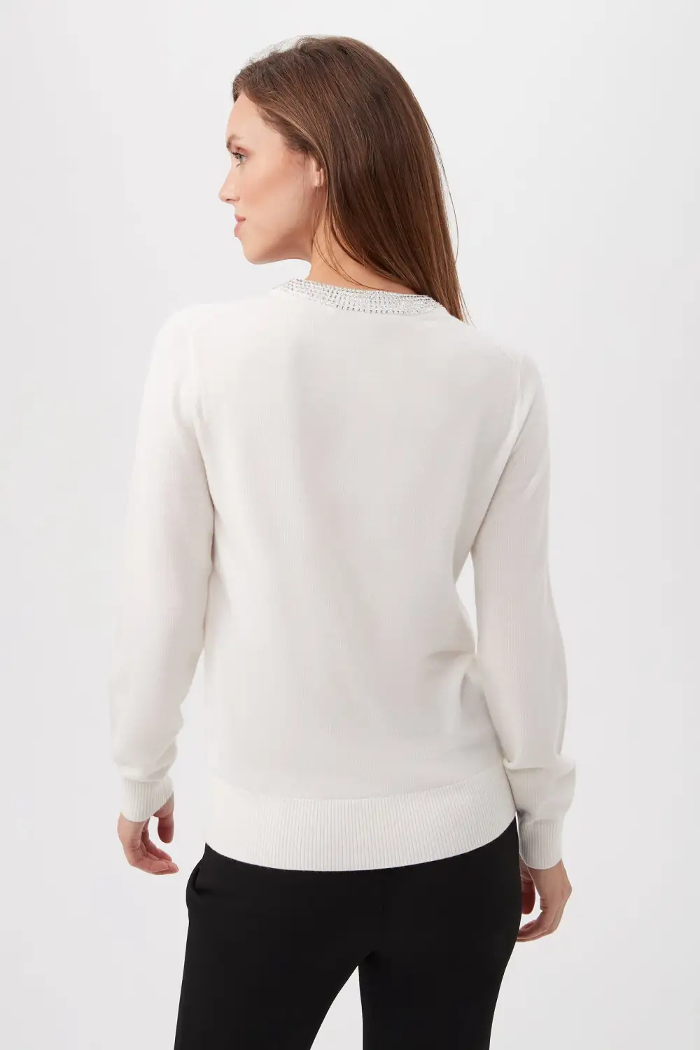 LAELIA RHINESTONE TRIM MERINO WOOL SWEATER