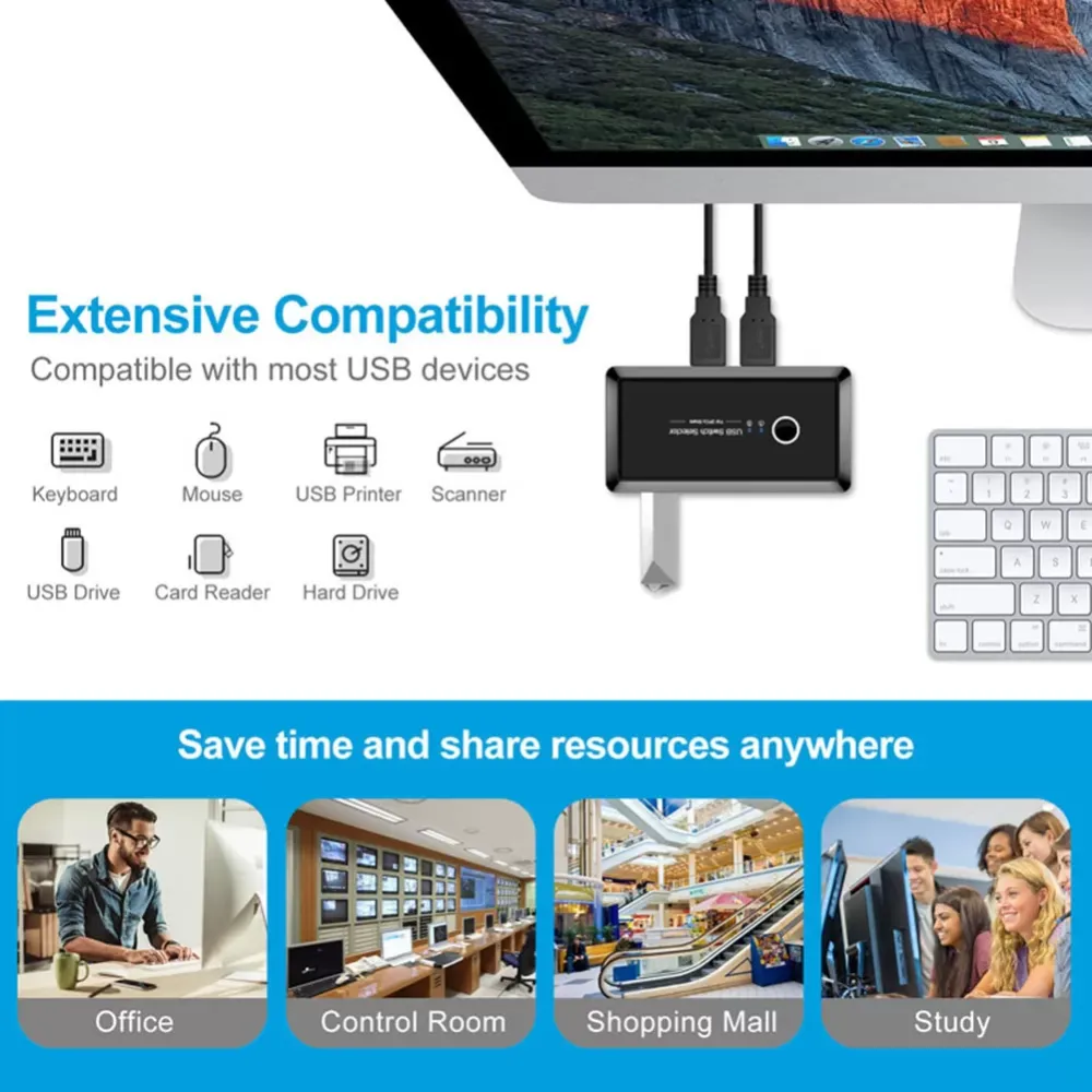 2x4 USB 2.0 Sharing Switch Selector 2 Port PCs Sharing 4 USB Devices for Keyboard Mouse Printer Two Computers Share 4-port