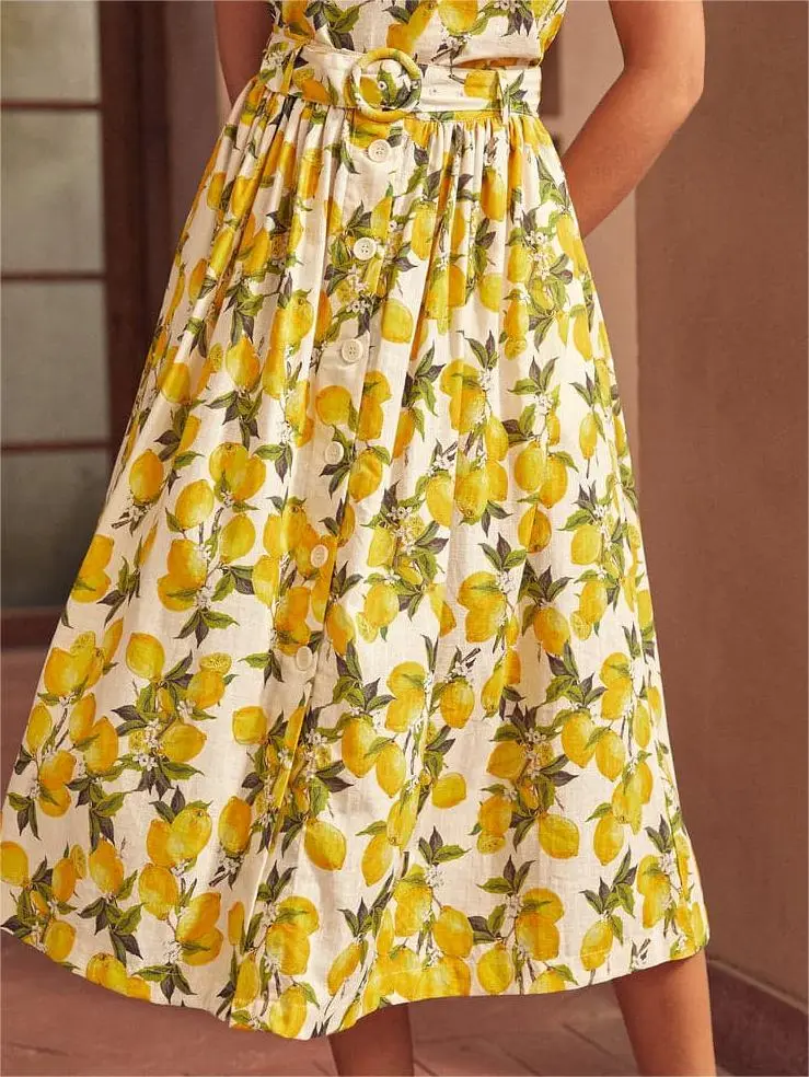 Lemon Printed Pleated Flared Skirts