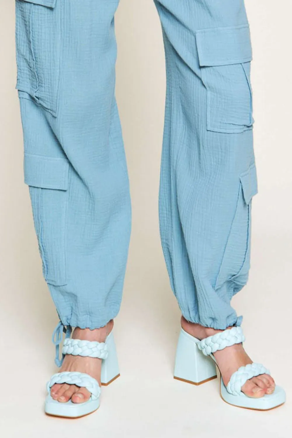 DUSTY BLUE LINEN WIDE LEG CARGO PANTS