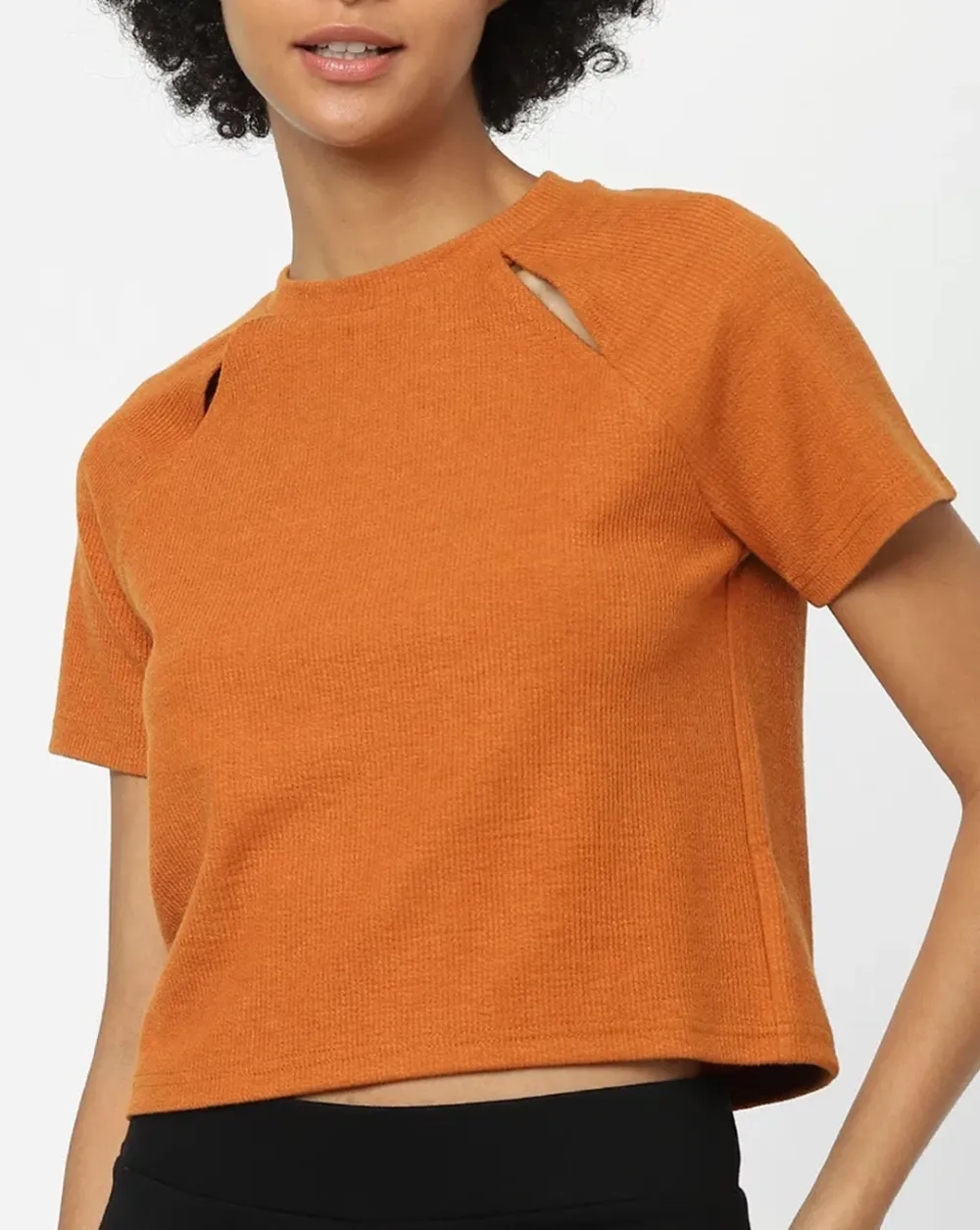 Brown Cut-Out Knit Cropped T-shirt