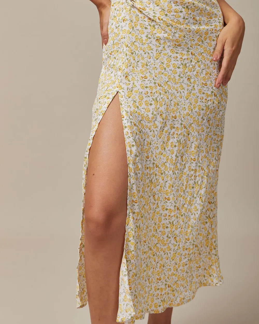 Yellow printed slit long dress