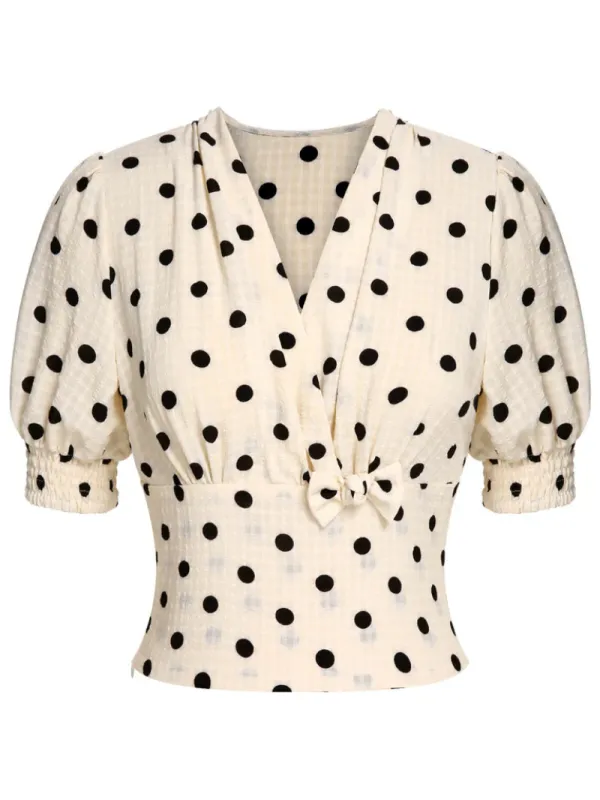 BEIGE 1940S DOTS BOWKNOT V-NECK BLOUSE