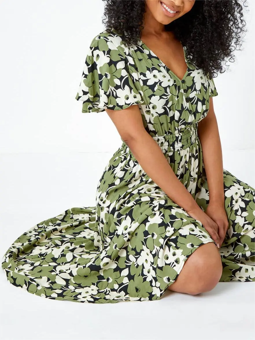 Green Petite Floral Print Shirred Midi Dress