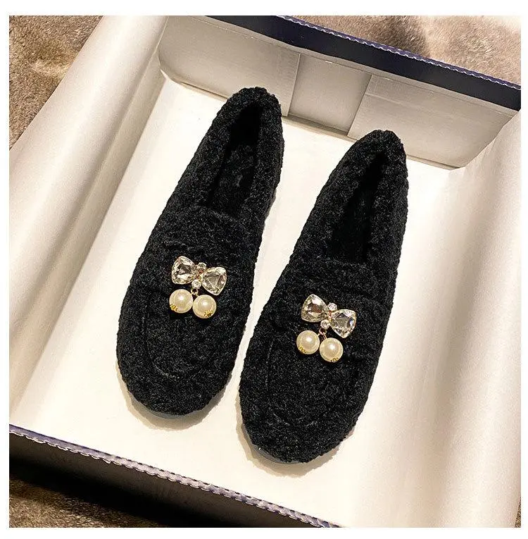 Furry Outer Wearing Flats Loafers Belt Bright diamond Bowknot Backless  Wild Fluffy Flat Mules Warm