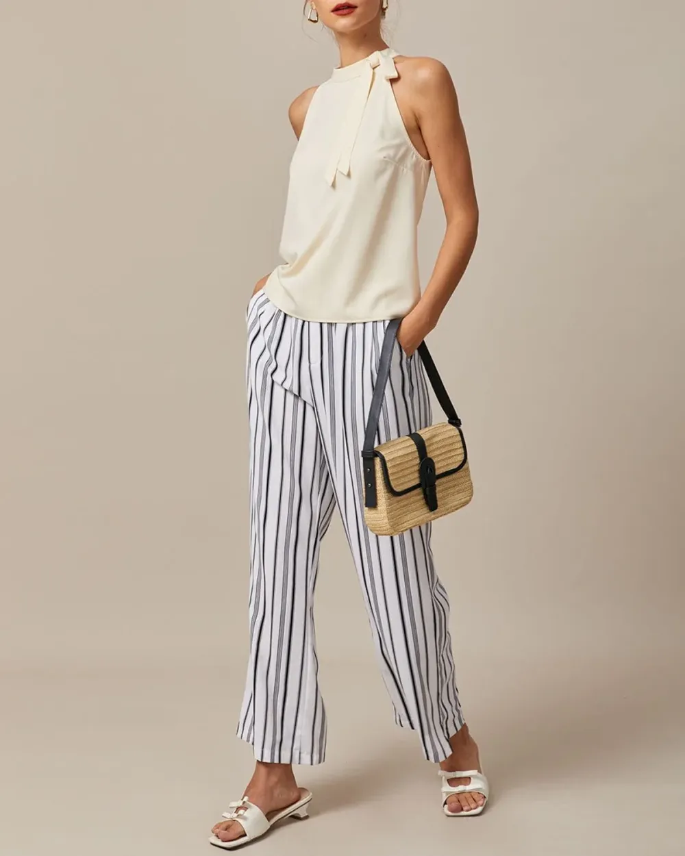 The Black Elastic Waist Striped Button Pants