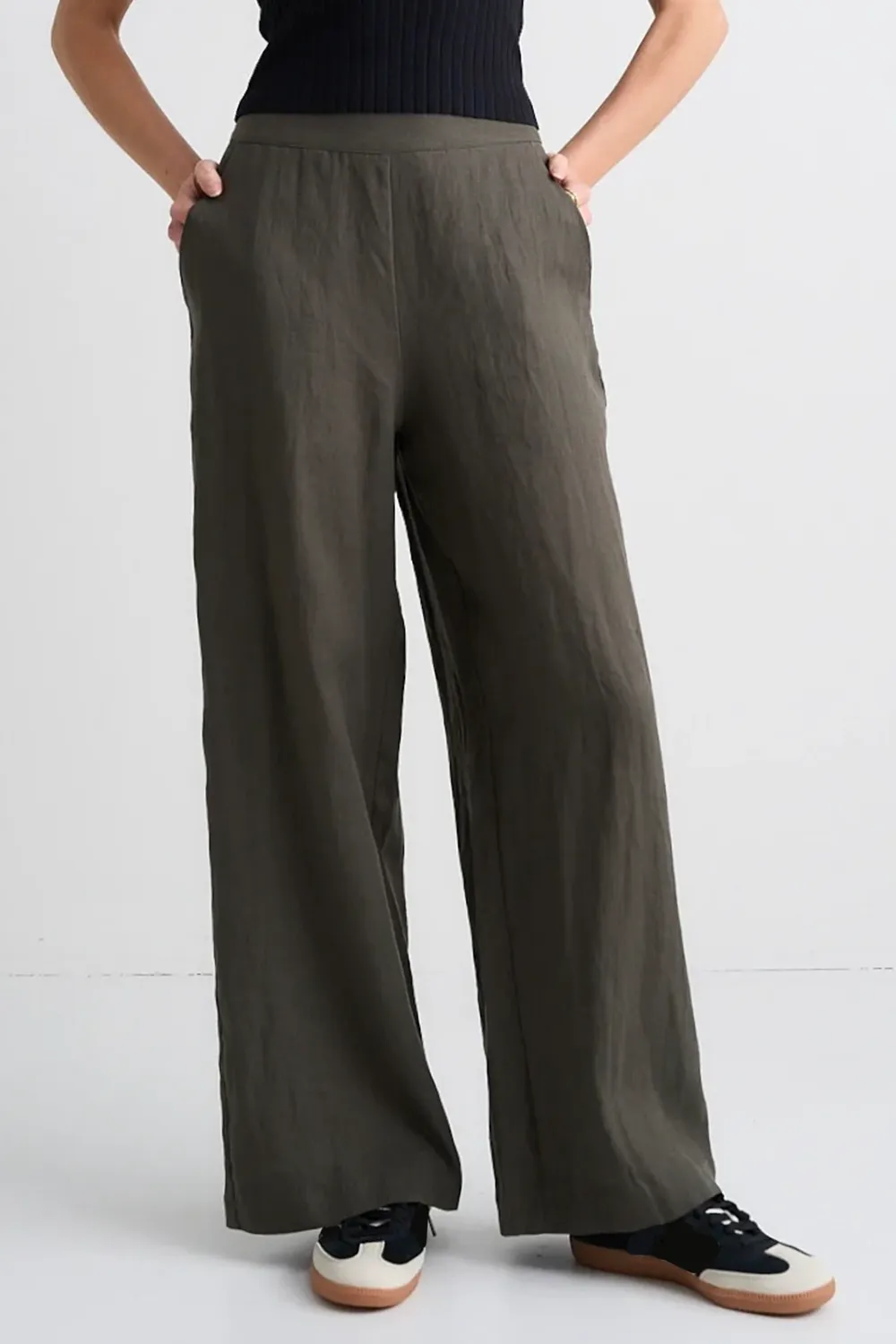 Freedom Dark Olive Linen Flat Front Deep Waistband Wide Leg Pant