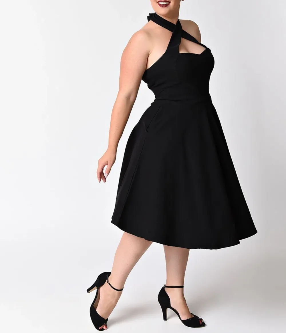 Unique Vintage Plus Size Black Criss Cross Halter Rita Flare Dress