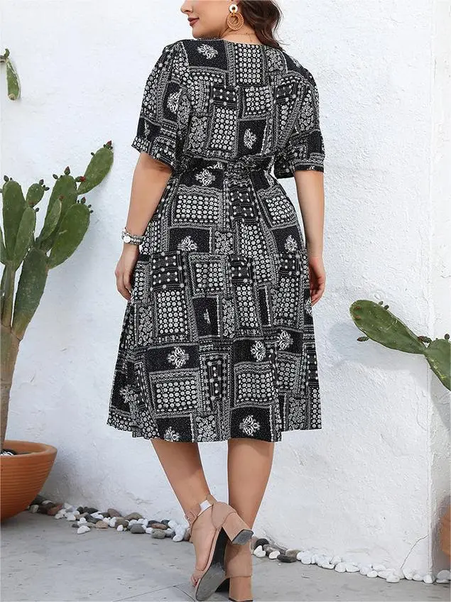 Plus Black Graphic Print Crisscross Puff Sleeve Wrap Midi Dress