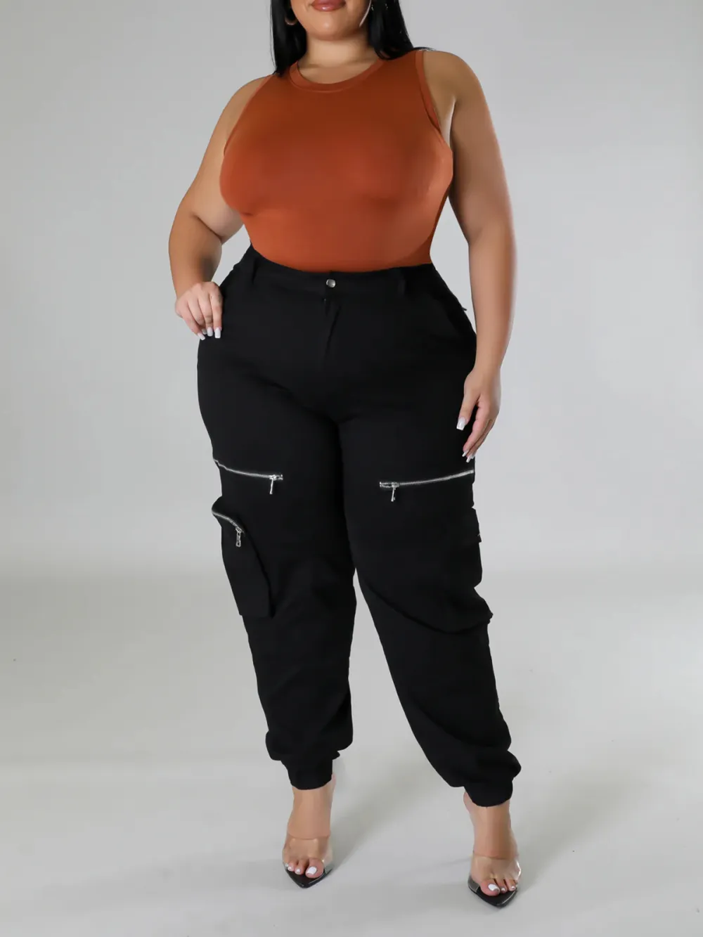 Plus-Size Fashion Women'S Solid Color Zipper Pants