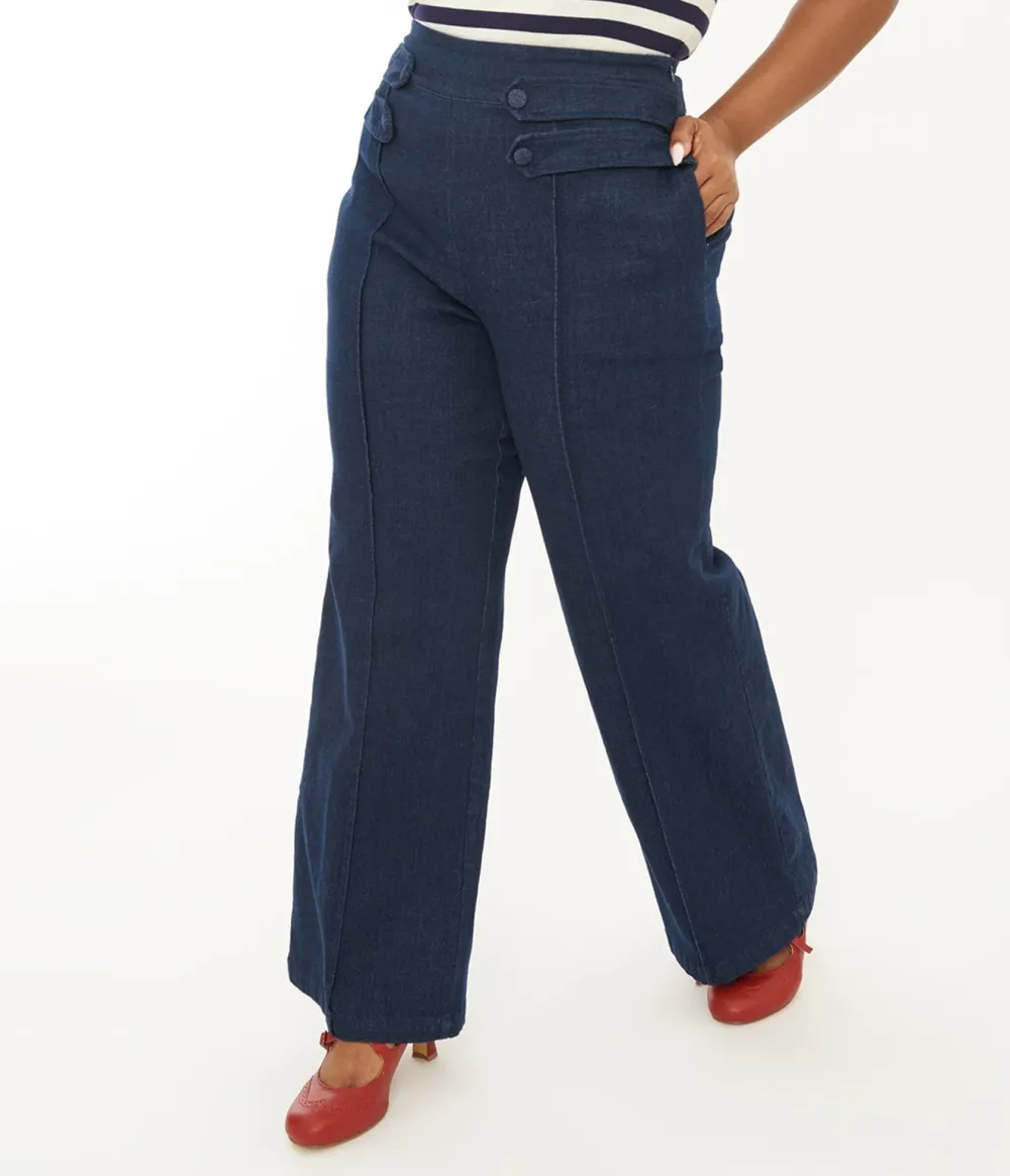 Unique Vintage Plus Size 1940s Denim High Waist Wide Leg Tab Pants