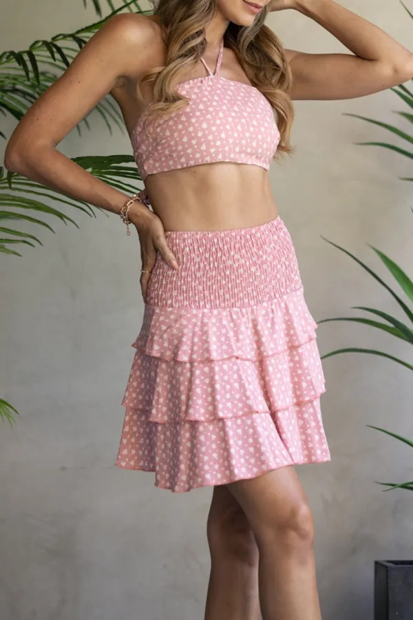 MUAVE FLORAL HALTER CROP TOP AND RUFFLED SKIRT