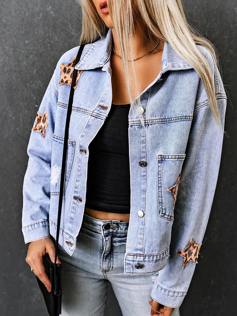 Casual leopard print star patchwork denim jacket