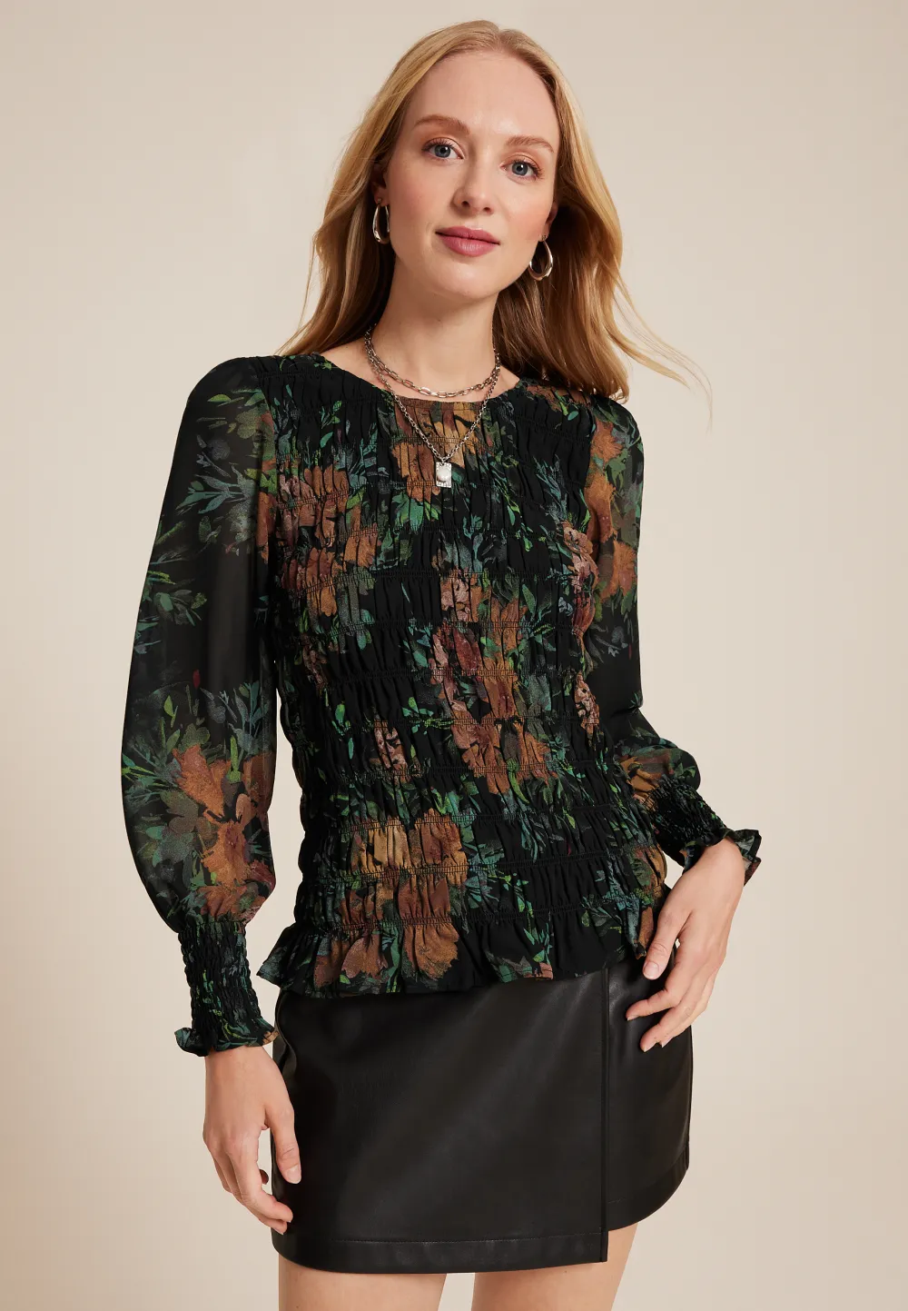 Black Floral Smocked Blouse