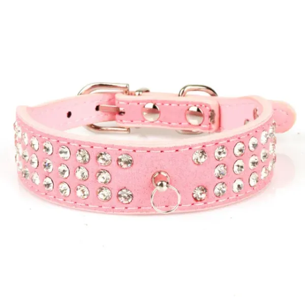 Suede Leather Dog Collars 3 Rows Rhinestone Dog collar diamante Cute Pet Collars 100% Quality 4 Sizes