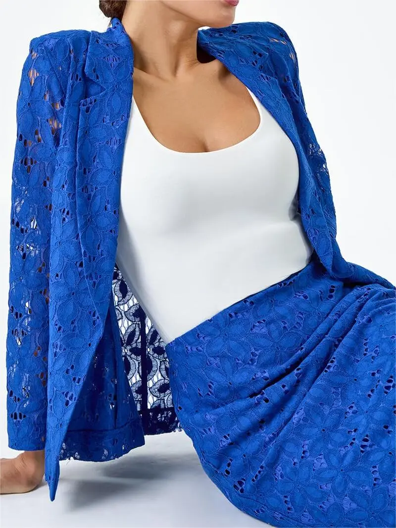 Royal Blue Cotton Blend Floral Lace Jacket