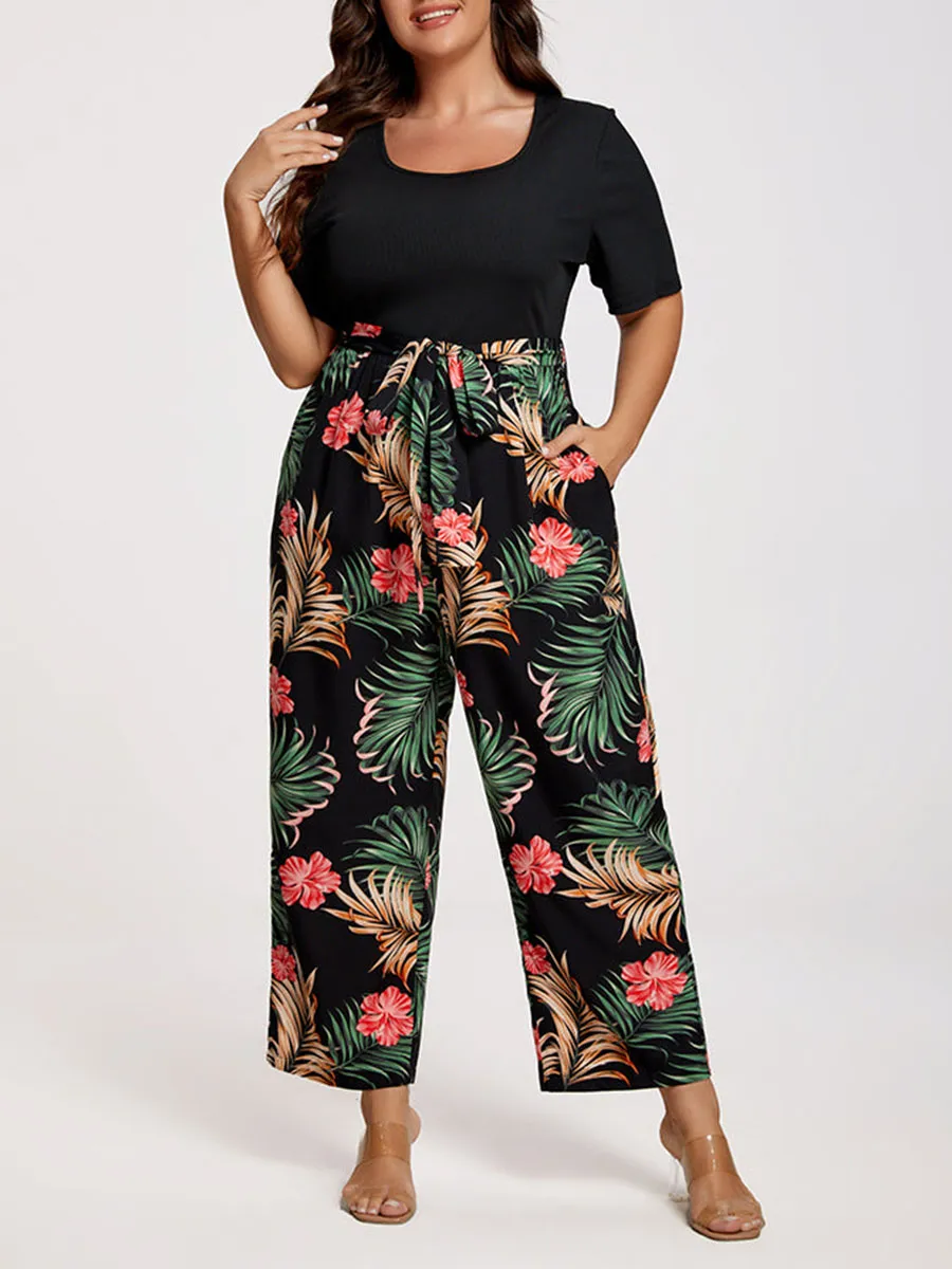 Plus Tropical Print Square Neck Belted Jumpsuit