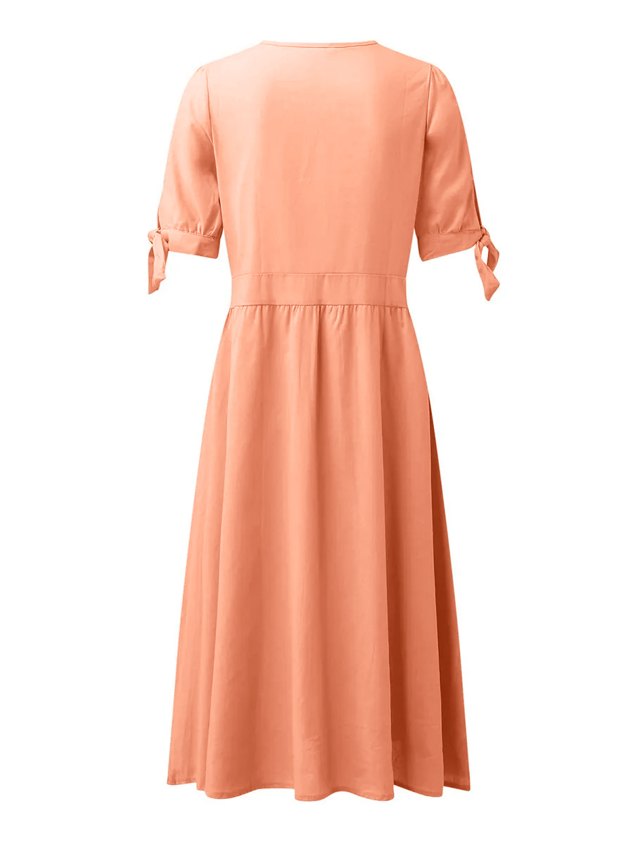 Holiday Solid Color  V-neck Half Sleeved Long Skirt