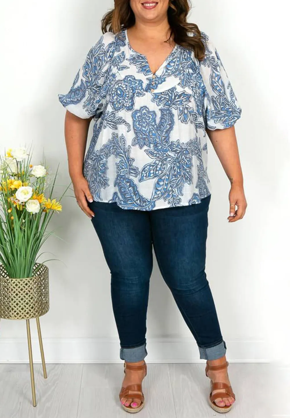 White and Blue Floral Button Top