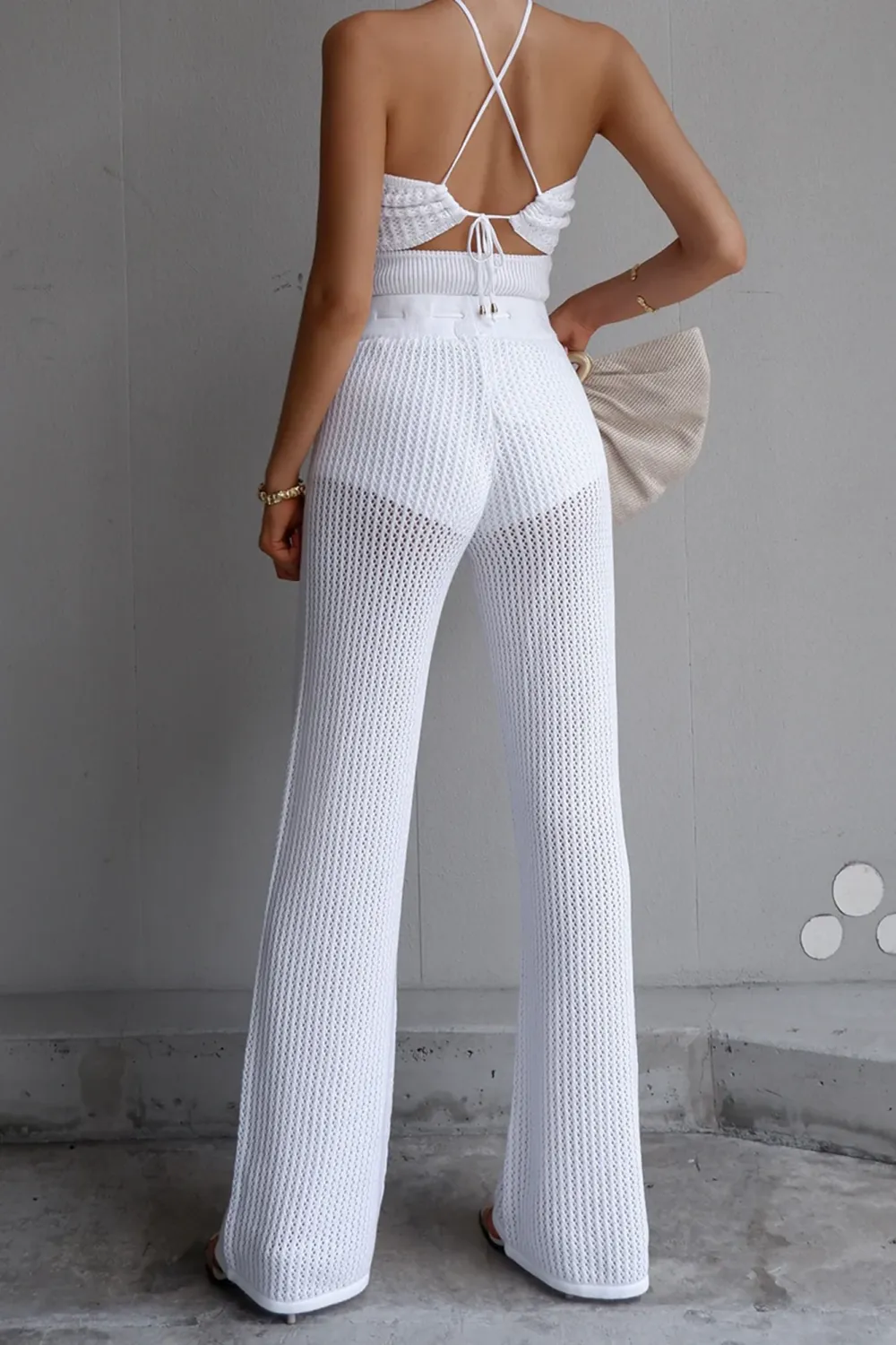 White Knit Stretch Wide Leg Pants