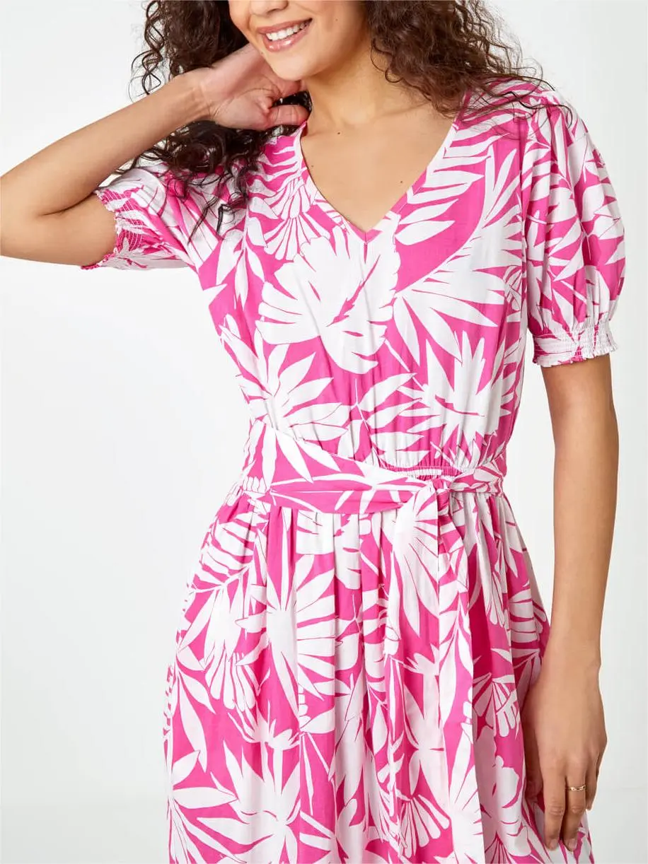 Fuchsia Cotton Floral Print Tiered Midi Dress