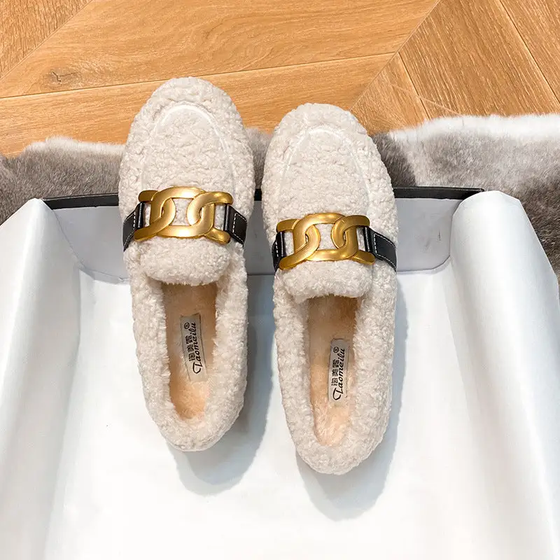 Furry Outer Wearing Flats Loafers Elk Decor Backless  Wild Fluffy Flat Mules Warm