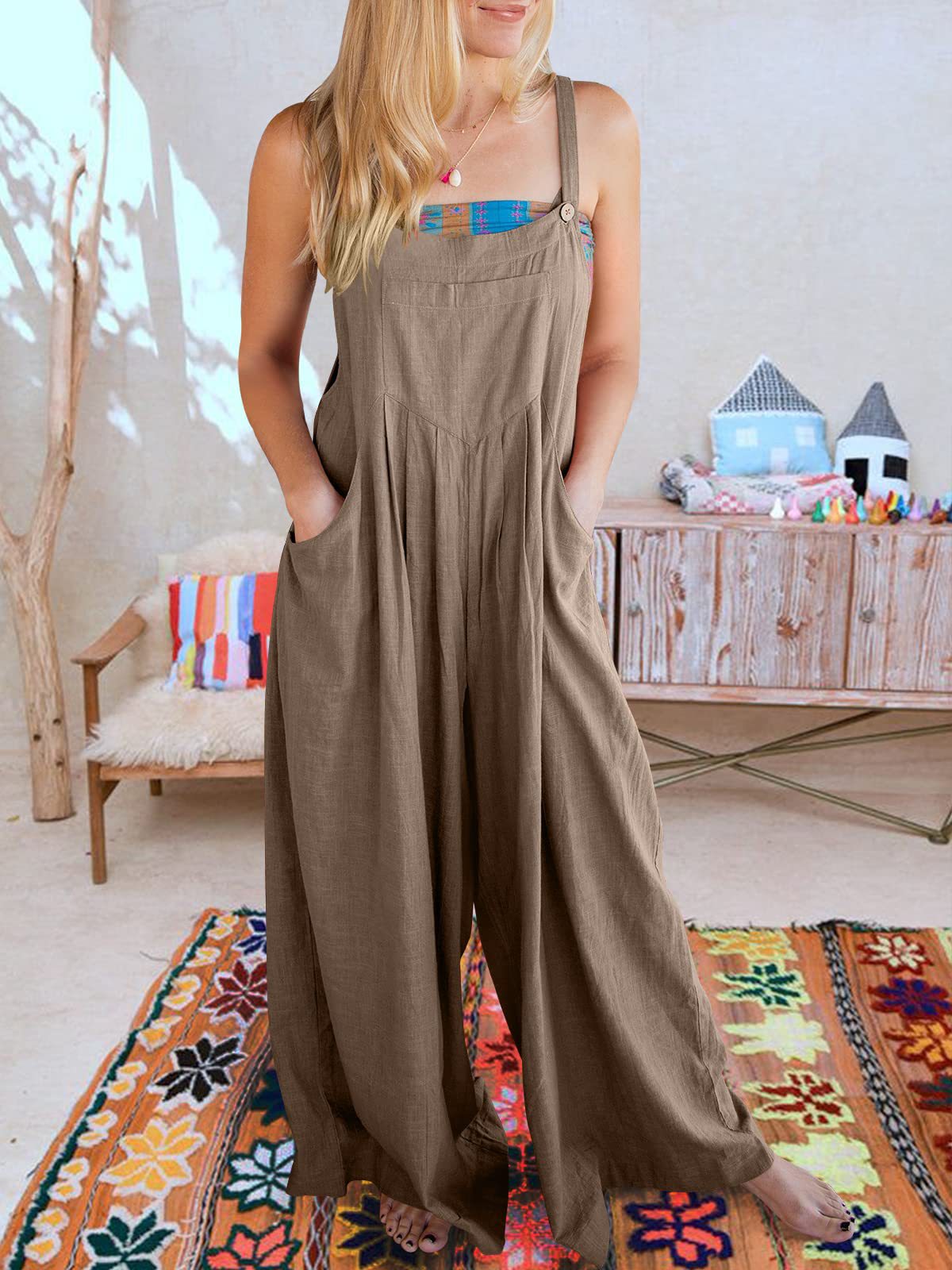 Solid Color Loose Casual Cotton And Linen Suspender Jumpsuit