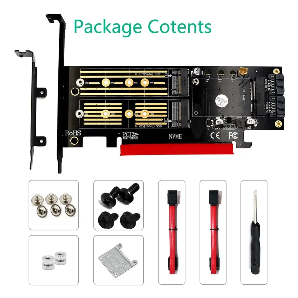 3 in 1 NGFF PCIE Apapter M.2 NVME Converter M.2 SATA 3 Channel SSD Read Write LED Indicator to PCI E 4X SATA3 SSD Apapter