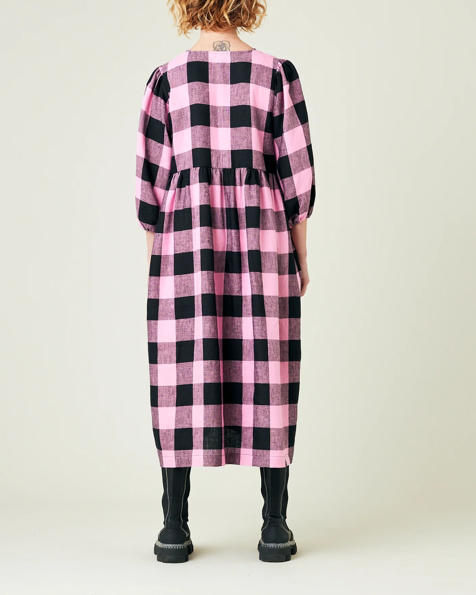 ABBIE PINK & BLACK MEGA CHECK LINEN DRESS