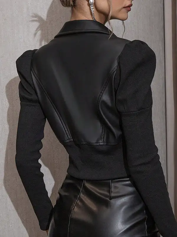 Long Sleeves Puff Sleeves Elasticity Pleated Solid Color Split-Joint Zipper Lapel PU Jackets