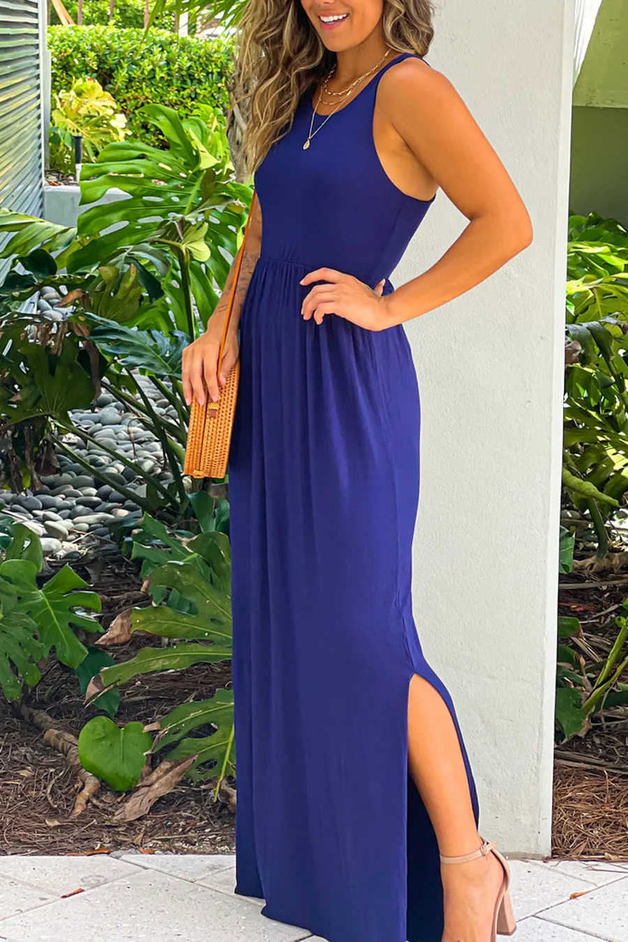 Navy Racer Back Maxi Dress With Side Slit