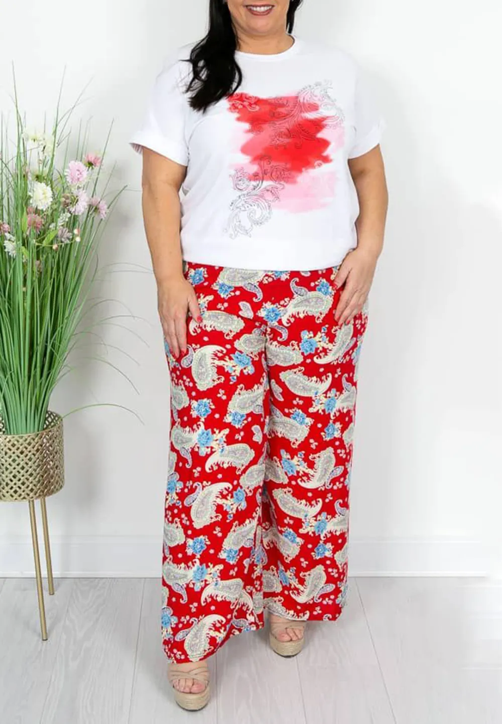 Red Paisley Print Trousers