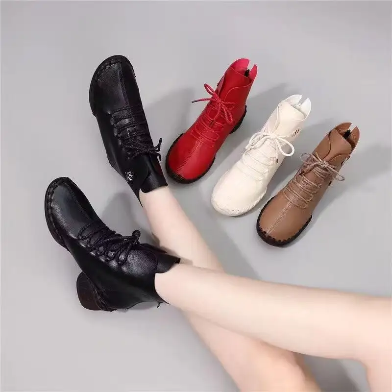 Cilool Lace Up Leather Shoes  Plush Ankle Booties Warm Orthopedic Loafers