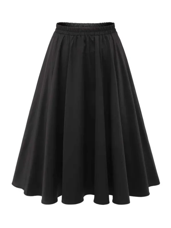 BLACK 1950S SOLID ELASTIC WAIST PLEATED SKIRT