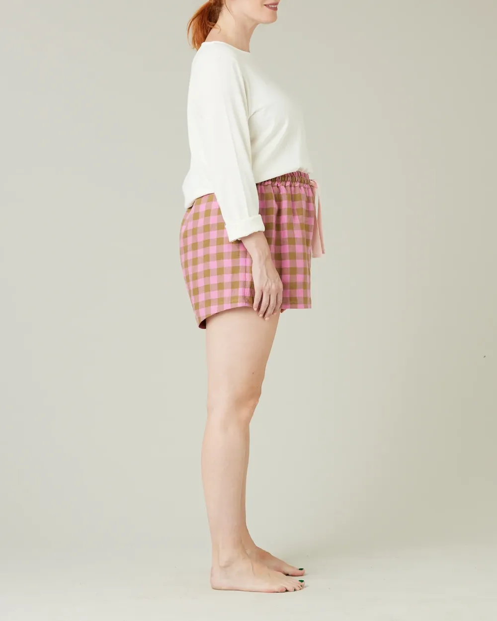 PINK & OLIVE CHECK LINEN SHORT