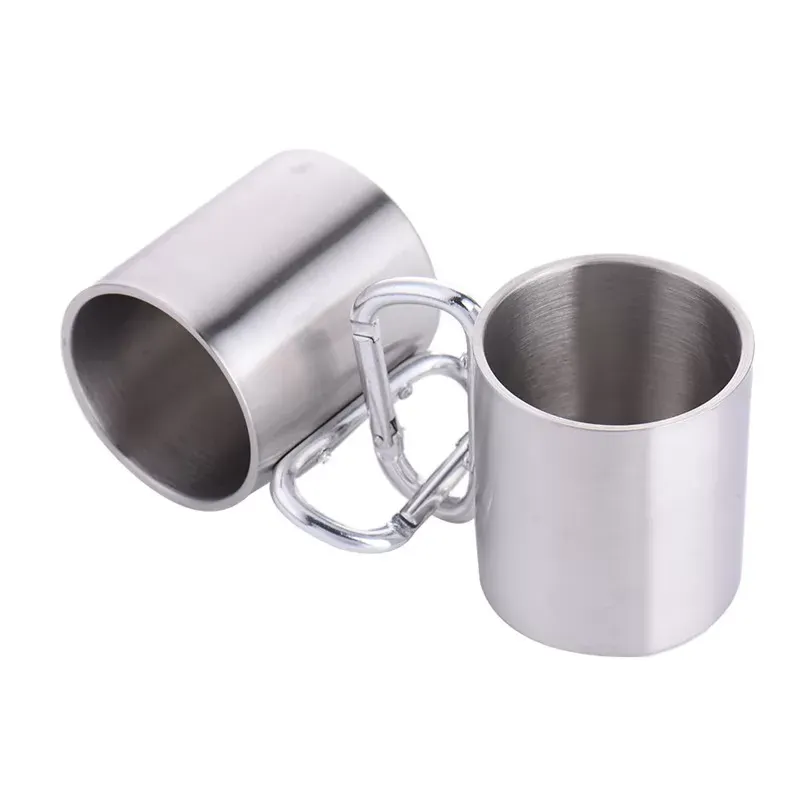 Portable 180ml Stainless Steel Metal Cup Hiking Camping Traveling Outdoor Carabiner Climbing Cups Double Wall Mug with D-Ring Self-Lock Carabiner Hook