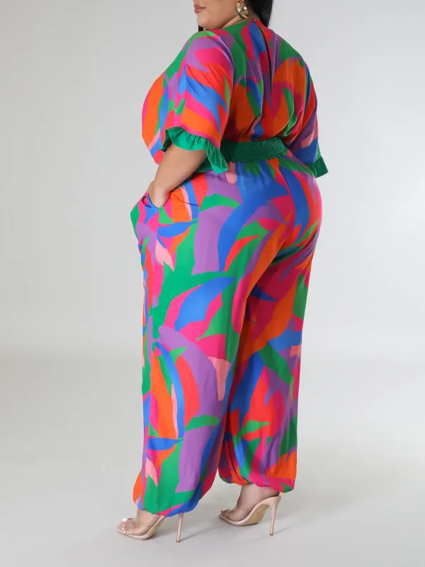 Plus-Size Fashion Women'S Colorful Printed Pantsuit