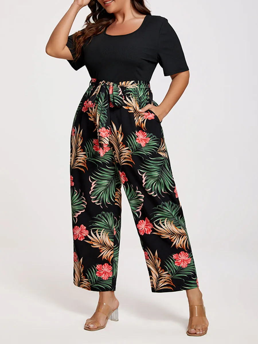 Plus Tropical Print Square Neck Belted Jumpsuit