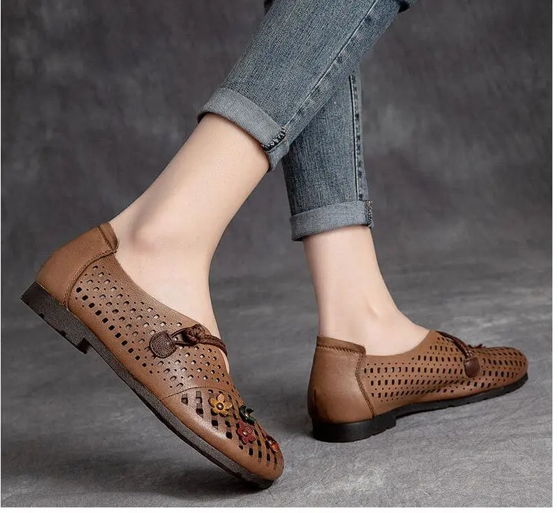 Hollowed Moccasins For Women Genuine Leather handmade Flats Breathable Loafers Shoes Women's Soft Casual Flat Shoes