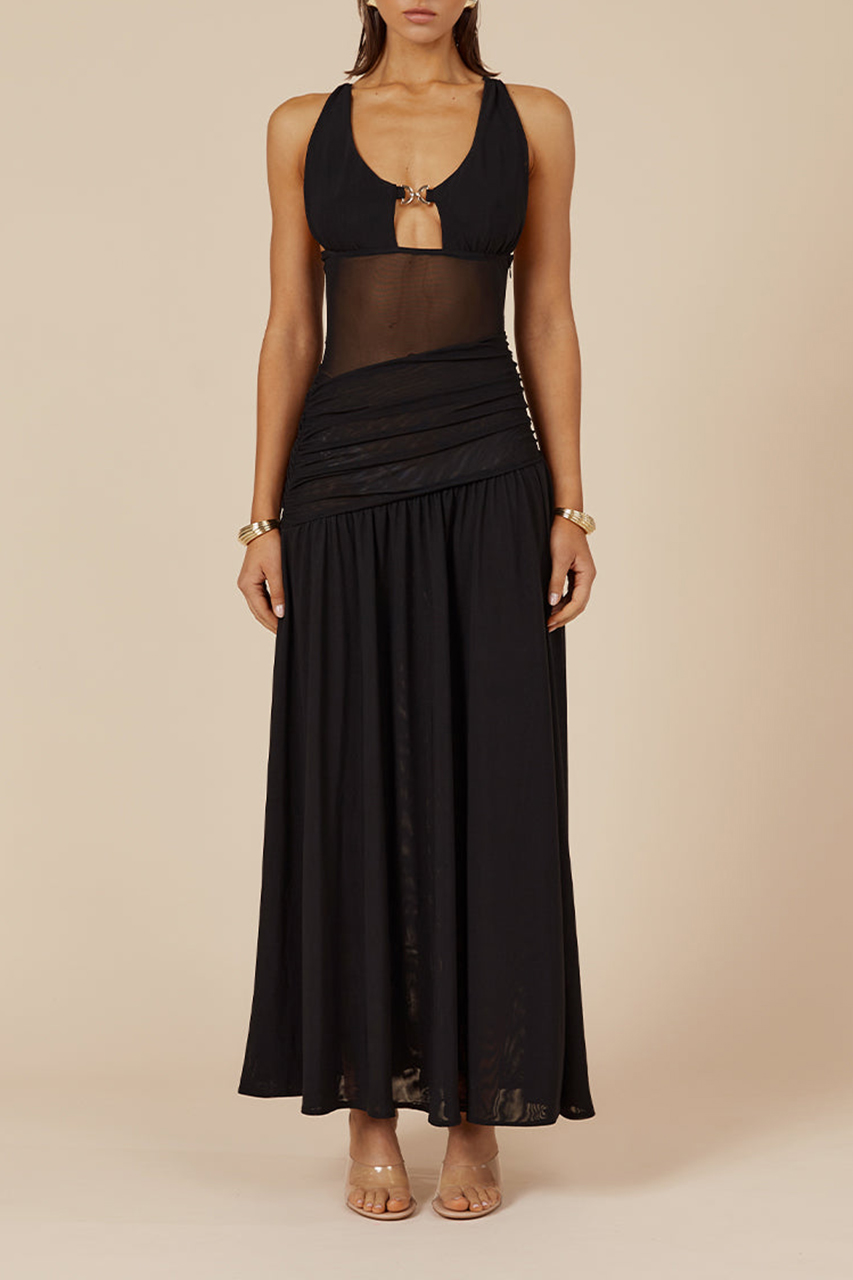 Black halterneck lace stitching sexy maxi dress