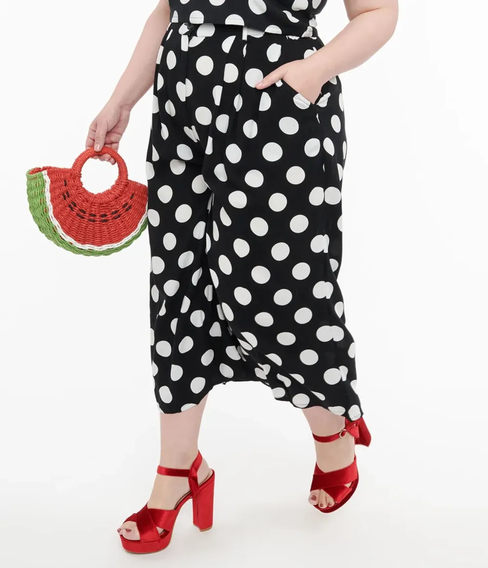 Hell Bunny Plus Size 1960s Black & White Polka Dot Cropped Trousers