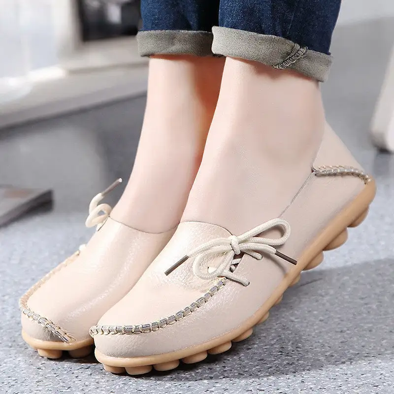 New Moccasins Women Flats Autumn Woman Loafers Genuine Leather Female Shoes Slip On Ballet Bowtie Women's Shoe