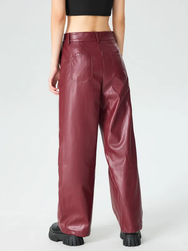 Faux Leather Solid High Waist Wide Leg Trousers