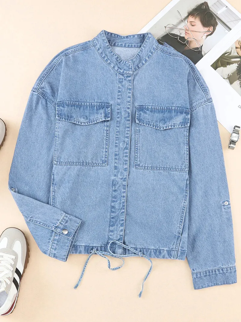 Casual solid color drawstring denim jacket